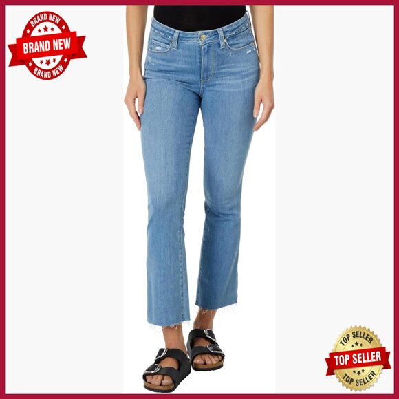 Denim - High Rise Cropped Flare Jeans with Raw Hem, Stretch Denim